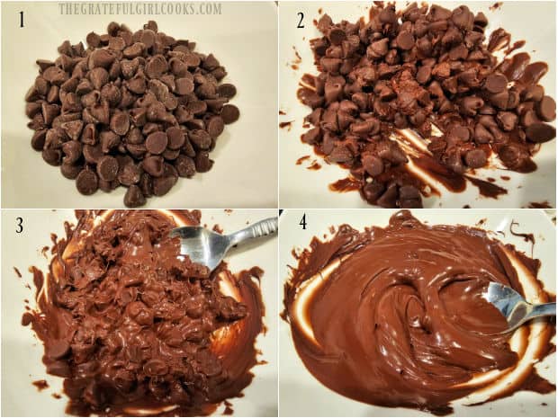 A photo of 4 stages of melting chocolate chips for the cookies in a microwave.