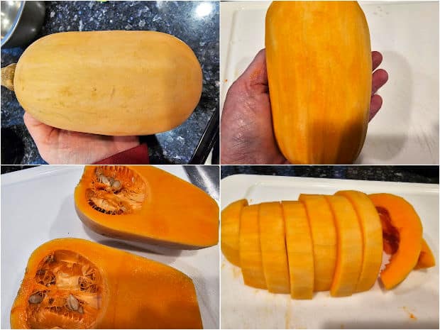 A 4-photo collage showing the peeling and slicing of a butternut squash for this recipe.