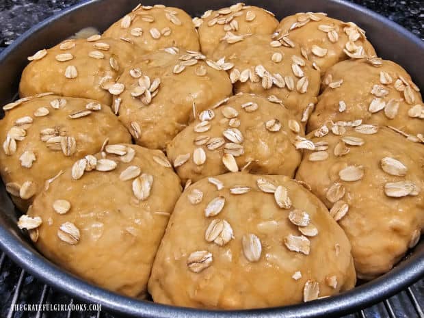 Oatmeal Molasses Dinner Rolls - The Grateful Girl Cooks! Oatmeal molasses dinner rolls have fully risen in a butter baking pan.