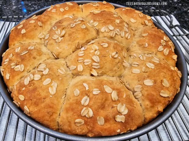 Oatmeal Molasses Dinner Rolls - The Grateful Girl Cooks! Baked oatmeal molasses dinner rolls are well-browned after coming out of the oven.