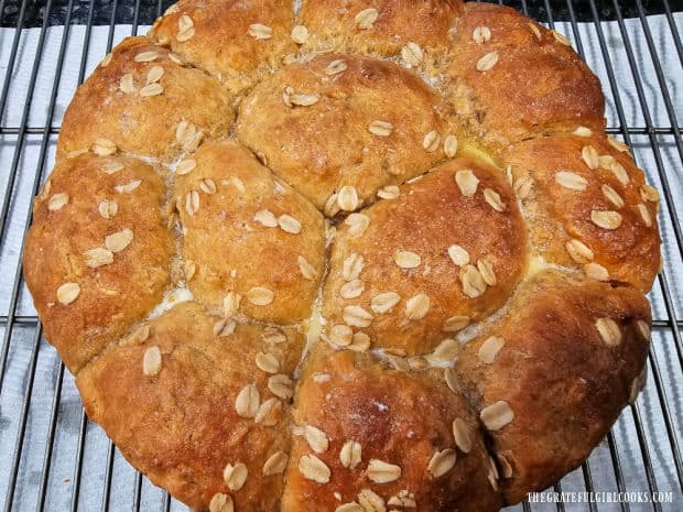 Oatmeal Molasses Dinner Rolls - The Grateful Girl Cooks! The pan of baked rolls is turned out of the pan to cool slightly on a wire rack.
