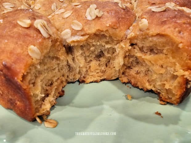 Oatmeal Molasses Dinner Rolls - The Grateful Girl Cooks! A peek inside the dinner rolls after a roll or two have been removed.