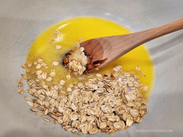Oatmeal Molasses Dinner Rolls - The Grateful Girl Cooks! Brown sugar, oats, molasses and salt are added to the melted butter mixture in bowl.