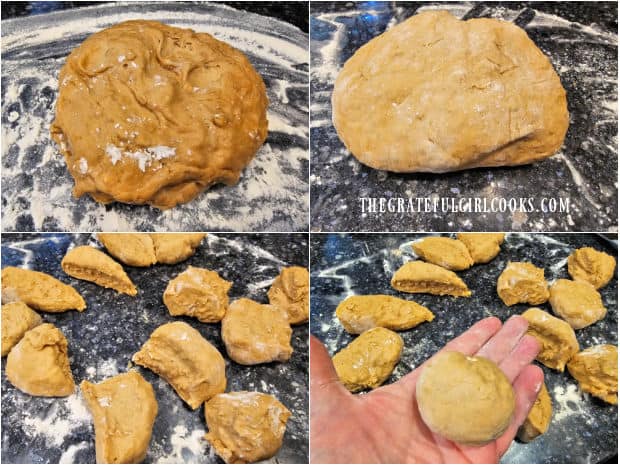 Oatmeal Molasses Dinner Rolls - The Grateful Girl Cooks! Four photo collage showing the shaping of the dough into rolls.