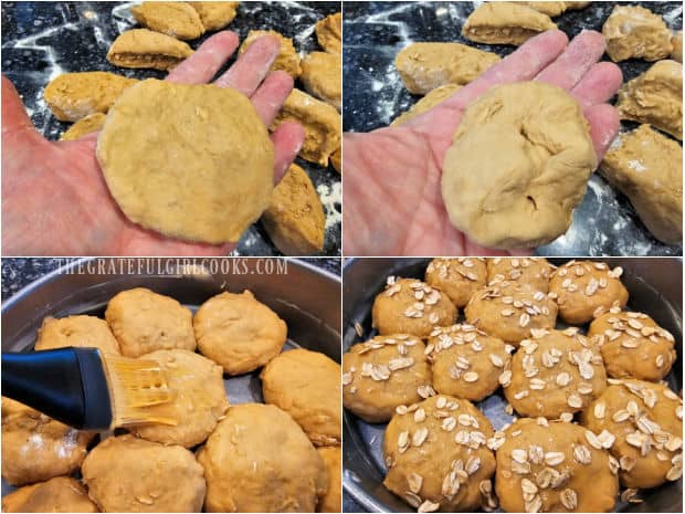 Oatmeal Molasses Dinner Rolls - The Grateful Girl Cooks! A 4-photo collage showing the rolls shaped and topped with butter and oats before baking.
