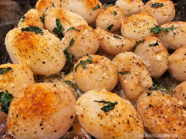 The roasted golden potatoes after they are done cooking.