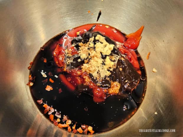 All the BBQ sauce ingredients are measured into a small saucepan.