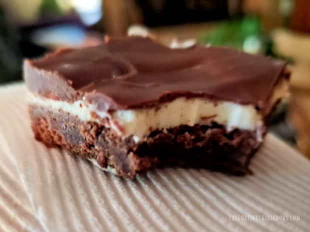 One of the creme de menthe brownies, cut and ready to be eaten.