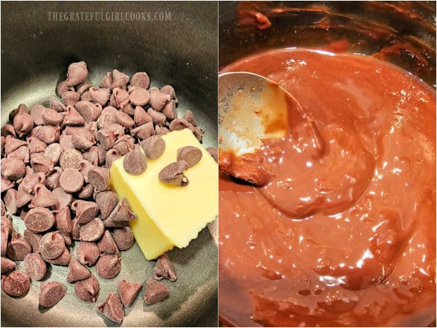 A glaze is made using chocolate chips and butter, cooked in a double boiler.