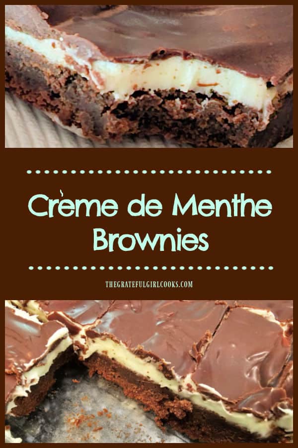 Crème de Menthe Brownies are decadent dessert bars, with a fudgy brownie layer, mint filling layer and chocolate top. Recipe yields 16 bars!