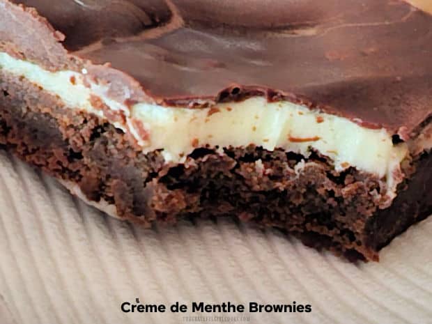 Crème de Menthe Brownies are decadent dessert bars, with a fudgy brownie layer, mint filling layer and chocolate top. Recipe yields 16 bars!