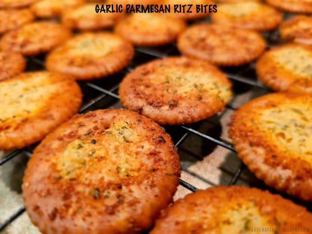 Serve baked Garlic Parmesan Ritz Bites plain or with toppings for appetizers or snacks! They're easy to make, crisp, tasty and well-seasoned!