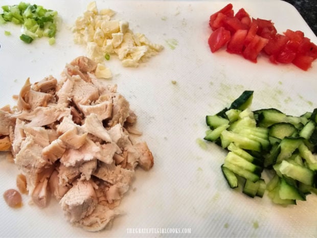 Chopped chicken, onion, feta cheese, tomatoes and cucumber for the wrap.