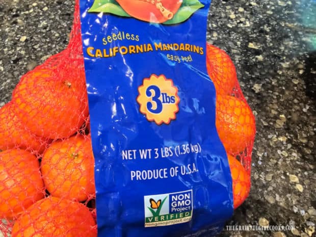 A 3-pound bag of mandarin oranges is used for this recipe.