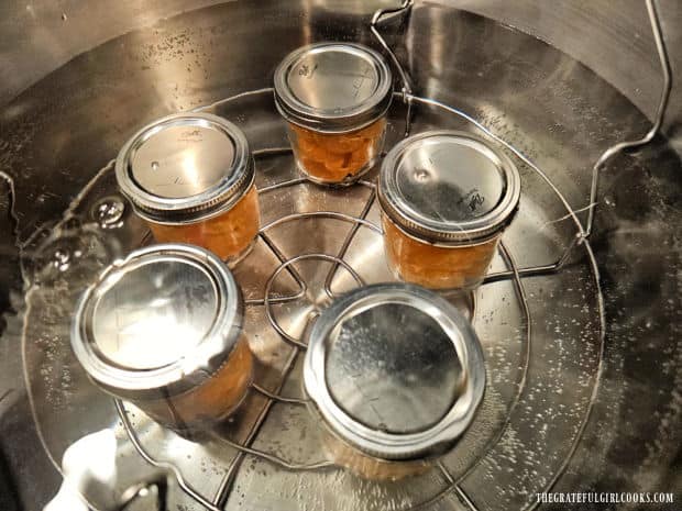 Five pint jars full of mandarin oranges on a rack in water in the canner.