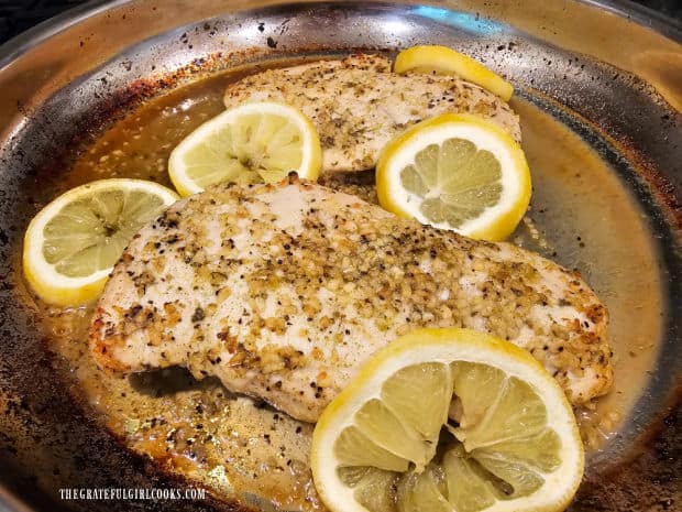 Chicken (and lemons are finished by putting skillet under a broiler for a couple minutes.