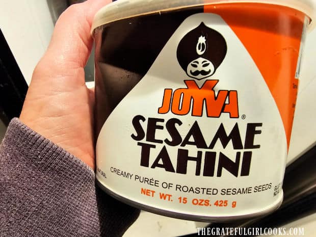A jar of tahini paste which is used for this recipe is shown.