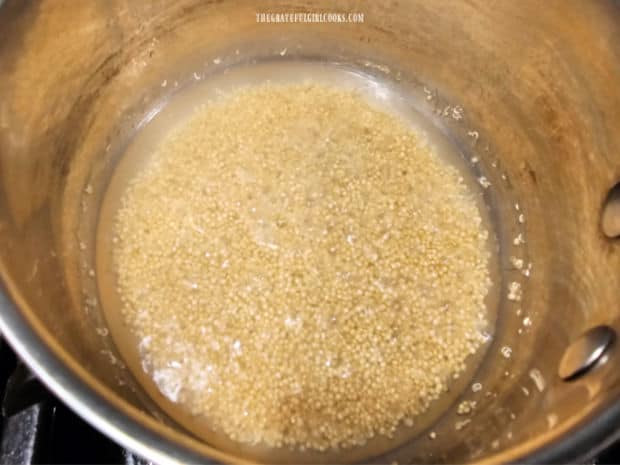 Quinoa is cooked in boiling water until all water is gone.