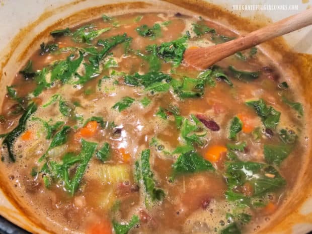 The kale wilts as it is heated, reducing it in volume in the soup.