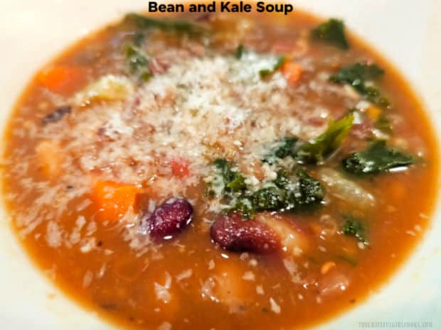 Bean and Kale Soup with carrots, celery, onion, kale and beans cooked in an Italian seasoned broth is a delicious, filling "meatless" meal!