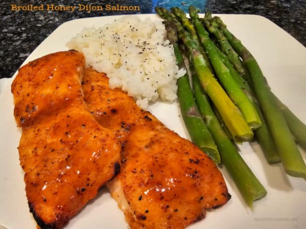 Looking for a quick dinner? Make Broiled Honey Dijon Salmon in 10 minutes! Coated in honey Dijon sauce and broiled, it's easy and delicious!