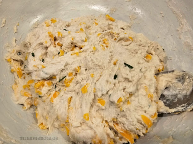 Cheddar Chive No-Knead Bread - The Grateful Girl Cooks! Grated cheese and chopped chives are stirred into the bread dough.