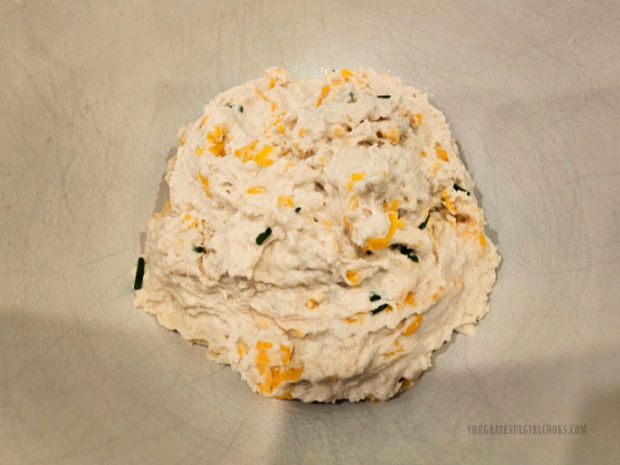 Cheddar Chive No-Knead Bread - The Grateful Girl Cooks! Bread dough is a slightly "shaggy or tacky" textured dough before rising.