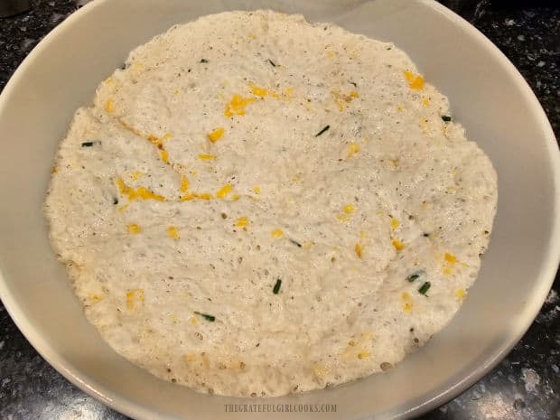 Cheddar Chive No-Knead Bread - The Grateful Girl Cooks! Bread dough has doubled in size after resting 8-12 hours in a warm spot.