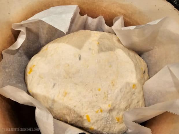 Cheddar Chive No-Knead Bread - The Grateful Girl Cooks! Round loaf on parchment paper is added to a very hot Dutch oven for baking.