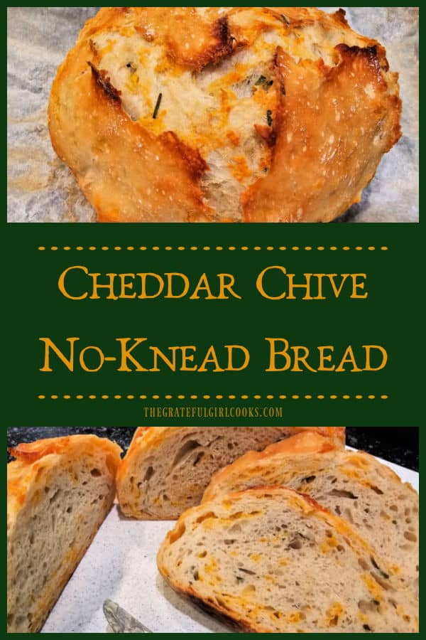 Cheddar Chive No-Knead Bread - The Grateful Girl Cooks! Cheddar Chive No-Knead Bread is a large, no-knead savory loaf filled and flavored with chives and sharp cheddar cheese. It is delicious!