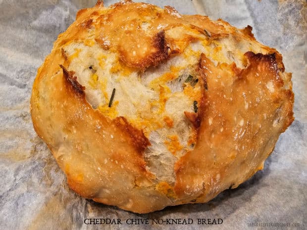 Cheddar Chive No-Knead Bread - The Grateful Girl Cooks! Cheddar Chive No-Knead Bread is a large, no-knead savory loaf filled and flavored with chives and sharp cheddar cheese. It is delicious!