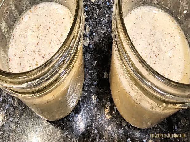 Two servings of overnight oats, shown in 16-ounce jars.