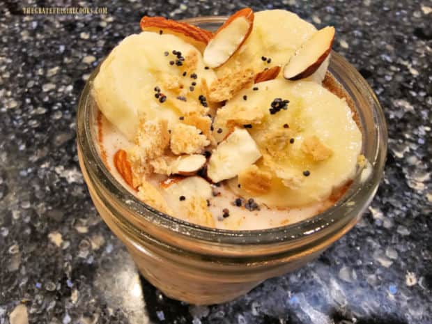 Cold creamy banana pie overnight oats, ready to be enjoyed.