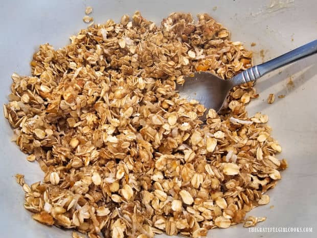 All ingredients are well-stirred until fully combined and coated.