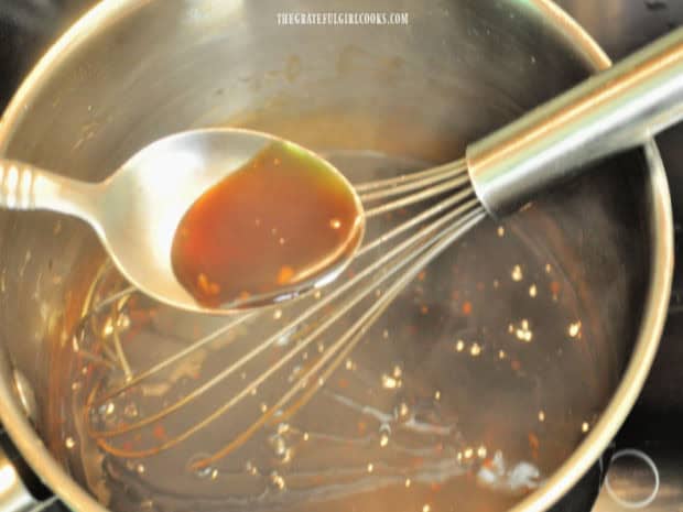 Homemade Teriyaki Glaze - The Grateful Girl Cooks! Checking to see if the glaze has become thick enough to use.