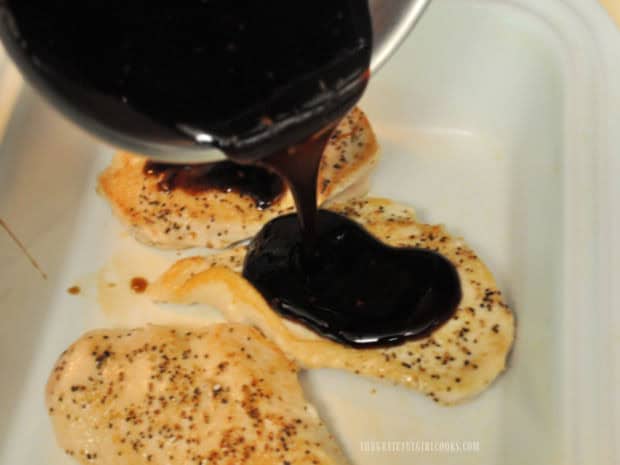 Homemade Teriyaki Glaze - The Grateful Girl Cooks! The homemade teriyaki glaze is evenly poured over chicken to flavor it.