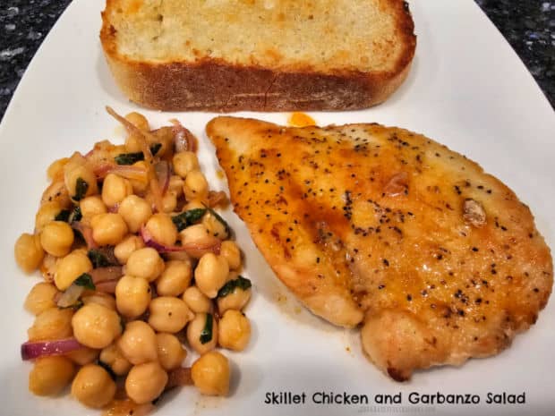 Skillet Chicken and Garbanzo Salad is an easy meal, with a Mediterranean-inspired salad and dressing served with (and on) pan-seared chicken.