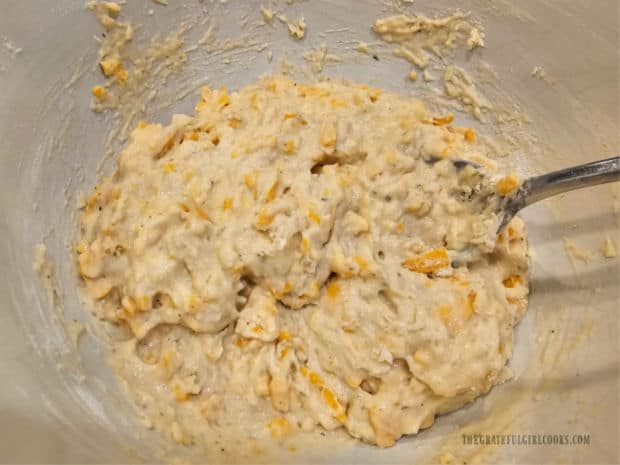 The batter for the cheddar cheese bread is thick and just barely combined.