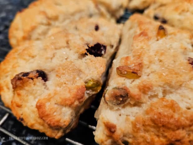 A closeup of the scones shows the pistachios and cranberries on each one.