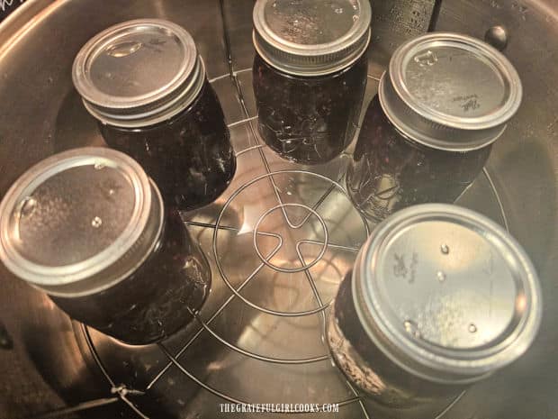  Jars of jam are processed for 10 minutes in the canner.