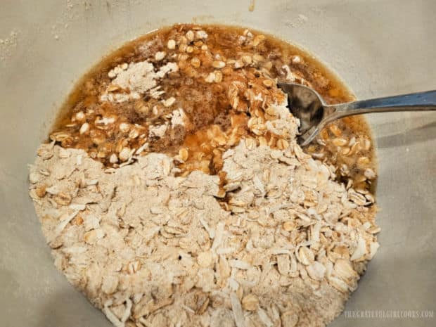 Wet ingredients are combined with dry ingredients and stirred until combined.