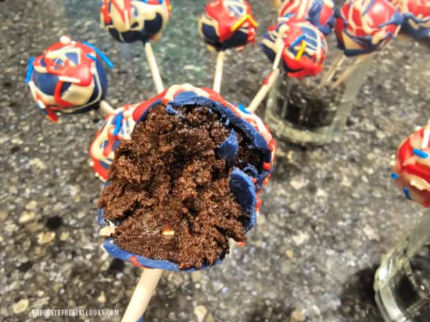 A peek inside one of the patriotic chocolate balls after a bite has been taken.