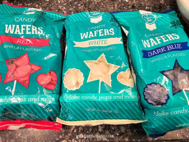 Bags of red, white and blue chocolate candy wafers are used.