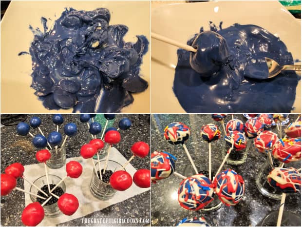 A 4-picture collage showing the decorating of the patriotic chocolate balls.