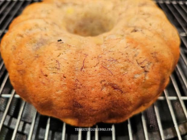 Air Fryer Banana Pecan Cake - The Grateful Girl Cooks! The cooled cake is inverted onto a wire rack to finish cooling.