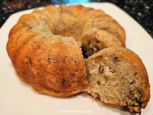Air Fryer Banana Pecan Cake - The Grateful Girl Cooks! A slice of the air fryer banana pecan cake is removed from the cake and is ready to eat!