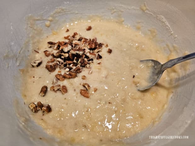 Air Fryer Banana Pecan Cake - The Grateful Girl Cooks! Chopped pecans are added to the batter for the banana pecan cake.