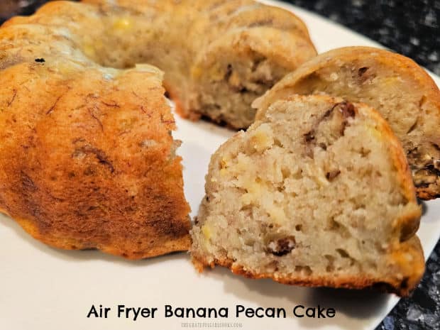 Air Fryer Banana Pecan Cake - The Grateful Girl Cooks! Make a delicious Air Fryer Banana Pecan Cake to serve as a dessert, coffeecake or an afternoon snack! Serve a slice with hot tea or coffee!