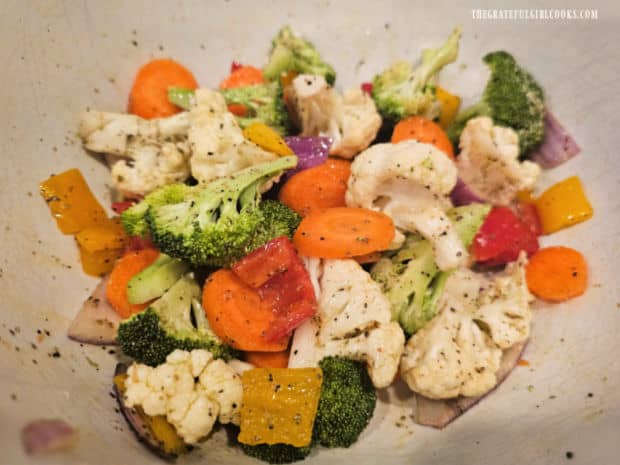 Oil and spice covered veggies are now ready for the air fryer.