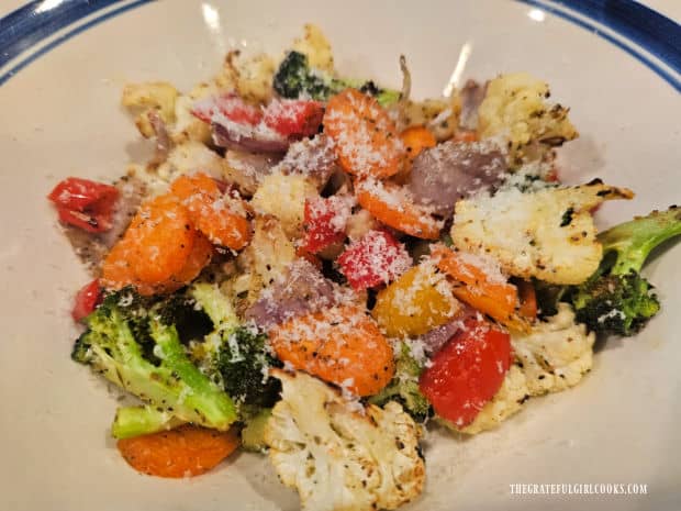 Grated Parmesan cheese is added to the hot veggies before serving.